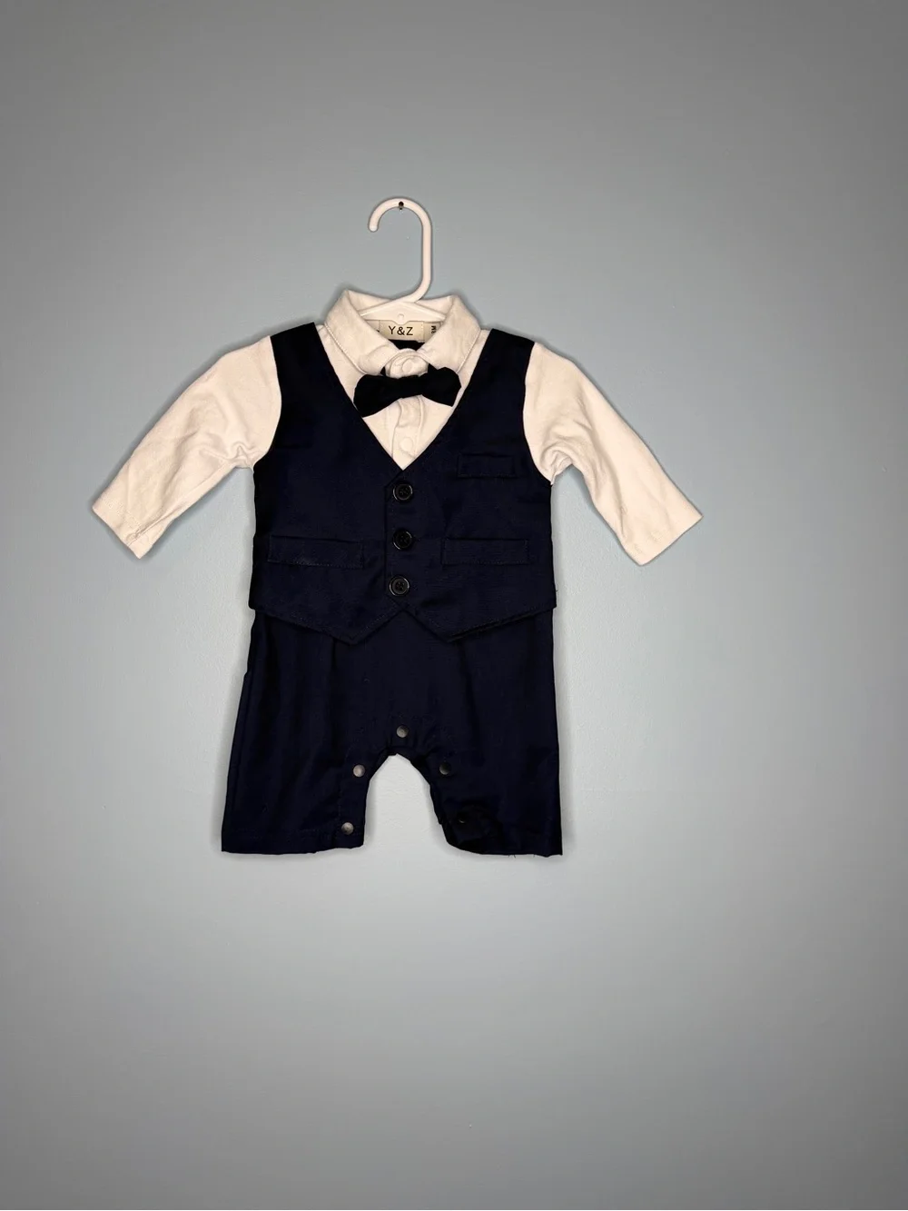 Navy and White Infant Vest Romper with Bow Tie